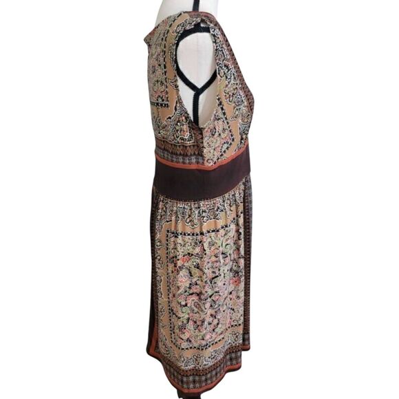 Soho Apparel LTD Dress Sz 10 Brown Multiprint Boho Retro Fitted Wasit Vneck - Picture 2 of 5